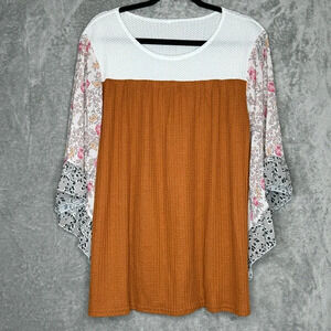 Amazon 1X Shirt Top Brown White Solid Floral Flared Sheer 3/4 Sleeve Scoop Neck